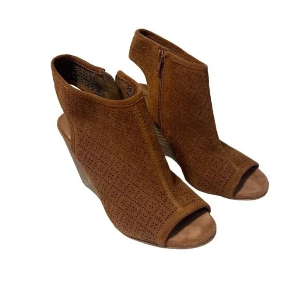 Lucky Brand Reegan Leather Suede Peep Toe Wedge Booties Size 8 M